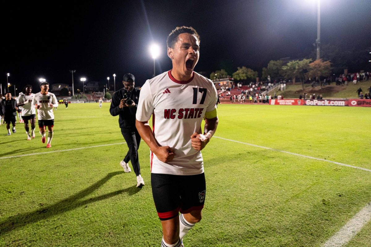 Senior midfielder Caden Tolentino yells after winning the game against Clemson in Dail Soccer Stadium on Friday, Oct. 10, 2025. Tolentino played 18 minutes. NC State defeated Clemson 1-0.