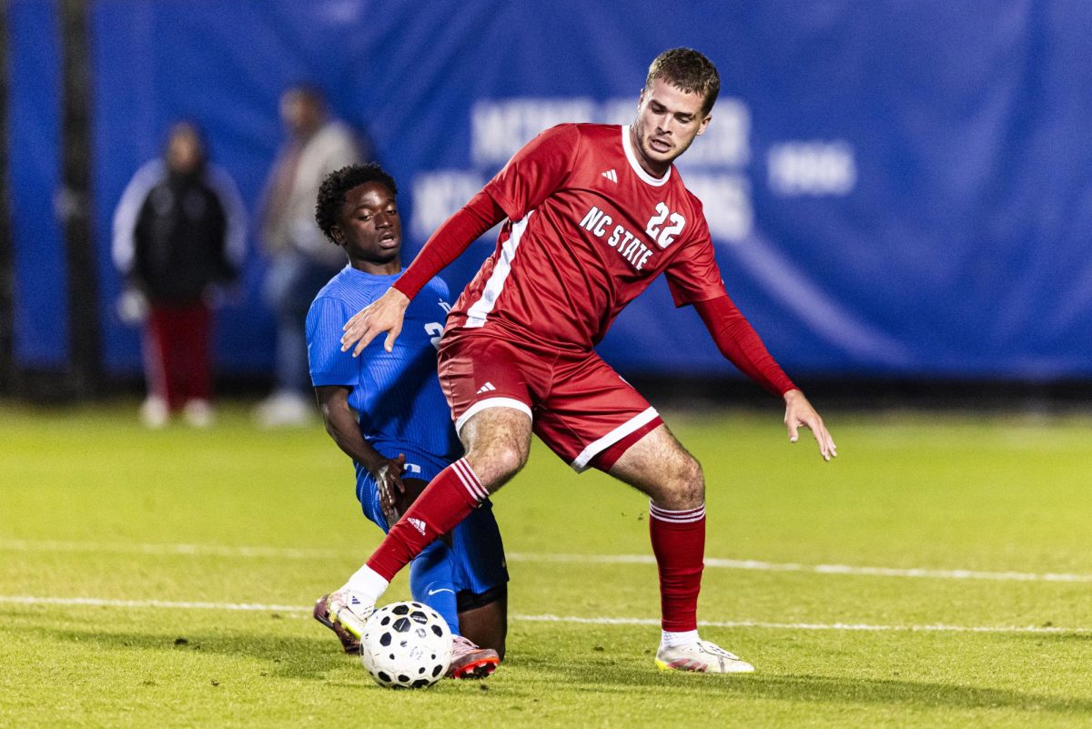 Senior midfielder Drew Lovelace fights for the ball during the game against Duke in Koskinen Stadium on Saturday, Oct. 26, 2025. Lovelace attempted one shot, while playing 53 minutes. NC State defeated Duke 2-0.