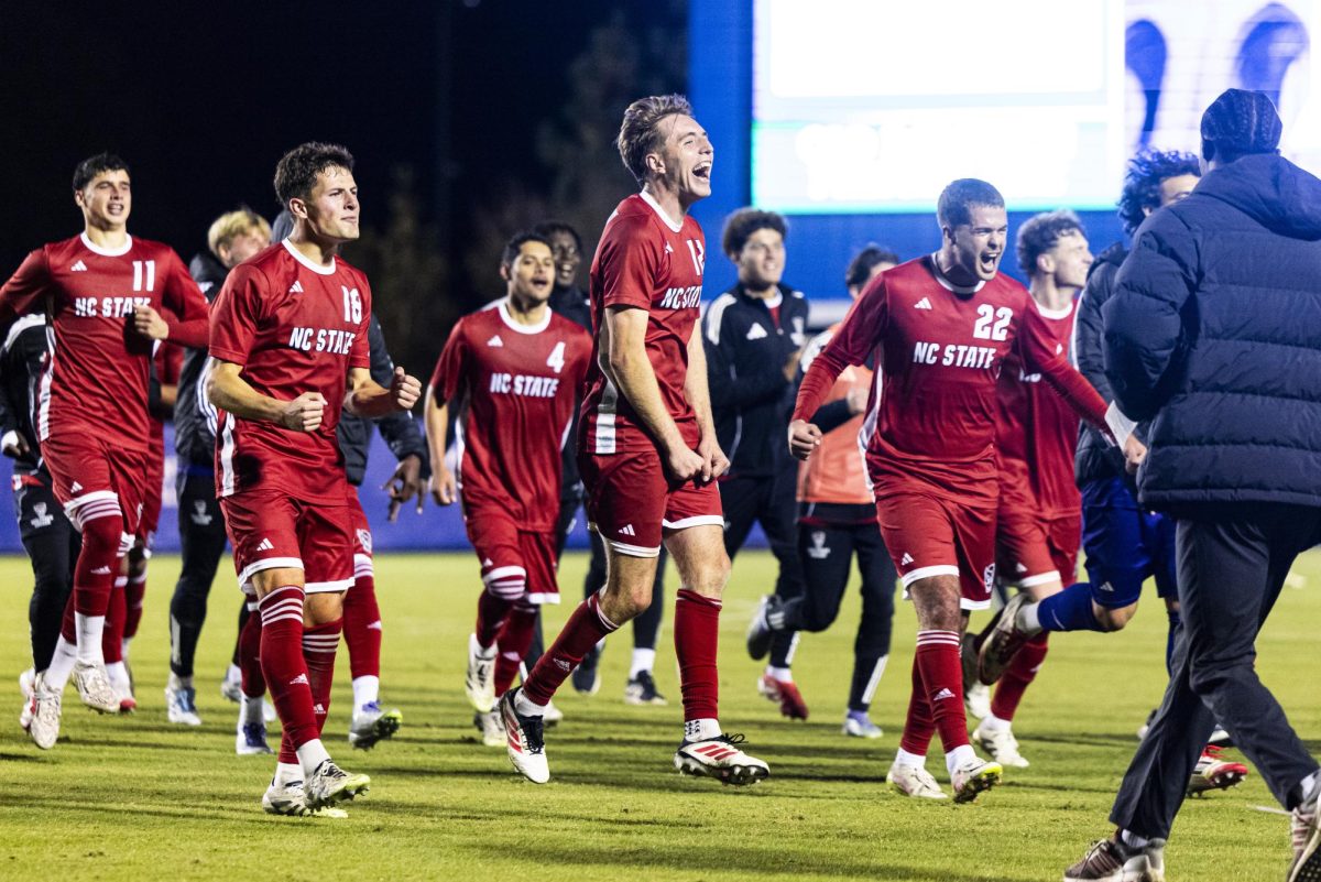 NC State players run over to the the Red Terrors student section after defeating Duke in Koskinen Stadium on Saturday, Oct. 26, 2025. This is the first time NC State has defeated Duke since 2019. NC State defeated Duke 2-0.