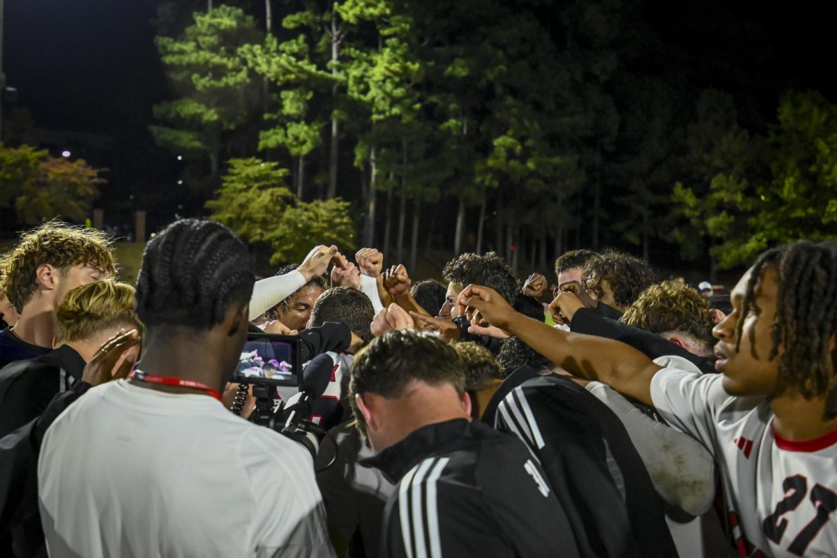 The NC State Mens's Soccer team cheers after the game against Clemson at Dail Soccer Stadium on Friday, Oct. 10, 2025. The Wolfpack defeated the Tigers 1-0.