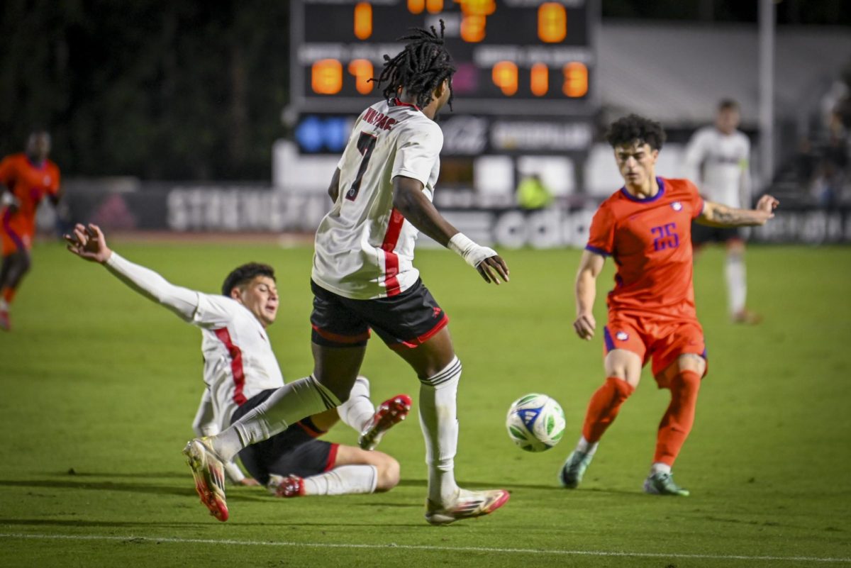 Senior midfielder Justin McLean and junior forward Donavan Phillip move to block the ball during the match against Clemson at Dail Soccer Field on Friday, Oct 10, 2025. McLean has scored 12 game points in the 2025 season. NC State beat Clemson 1-0.