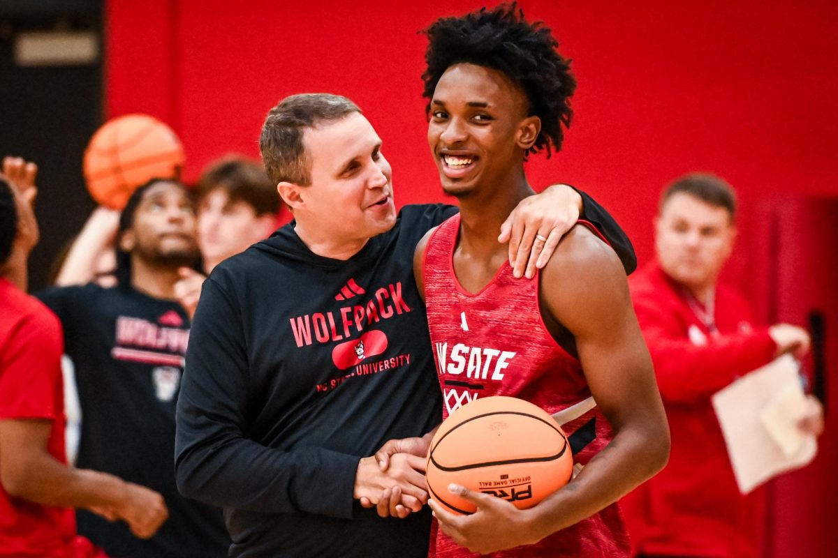 Head coach Will Wade smiles with sophomore guard Paul McNeil before the open media practice inside the Dail Center on Monday, Sept. 22, 2025. The men’s basketball program hosted the media for the first 30 minutes of its first official practice for the 2025-26 basketball season.