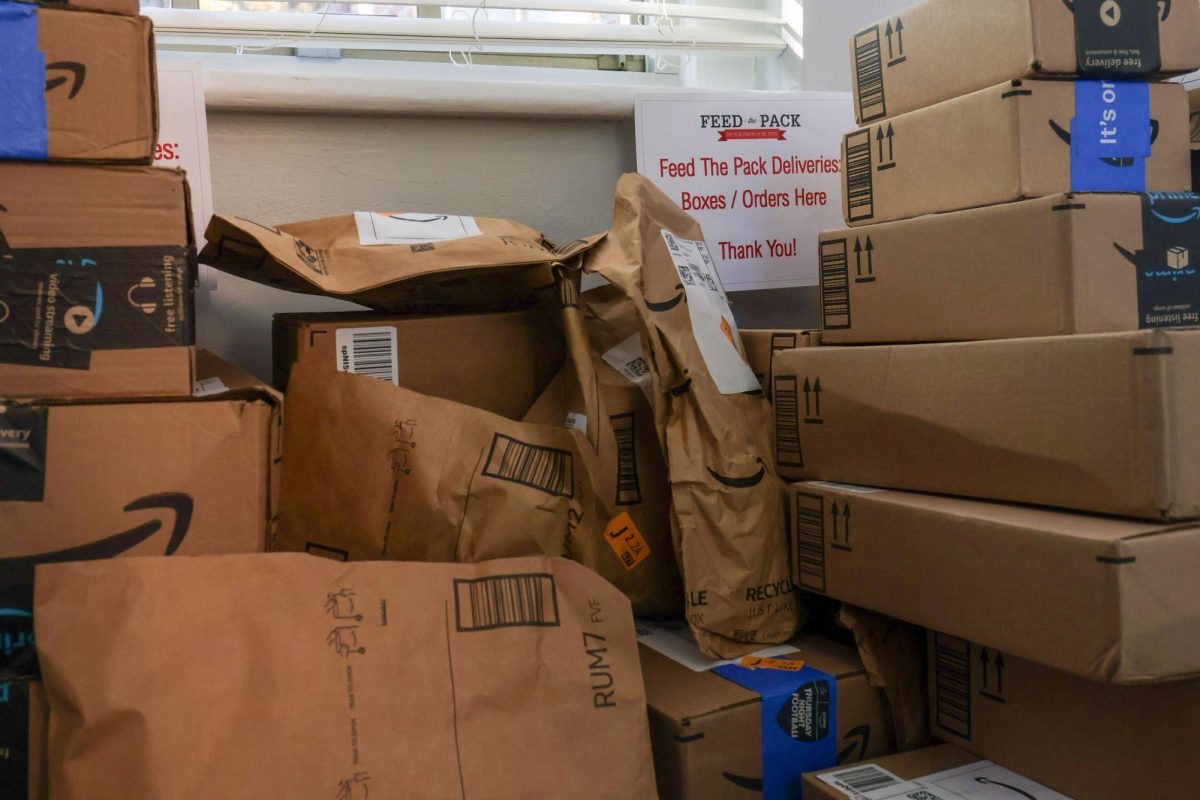 Packages collect for the Ticket-To-Table Drive in Primrose Hall on Friday, Oct. 31, 2025. Donations were made to Feed the Pack Food Pantry in return for paid parking tickets by Student Government.