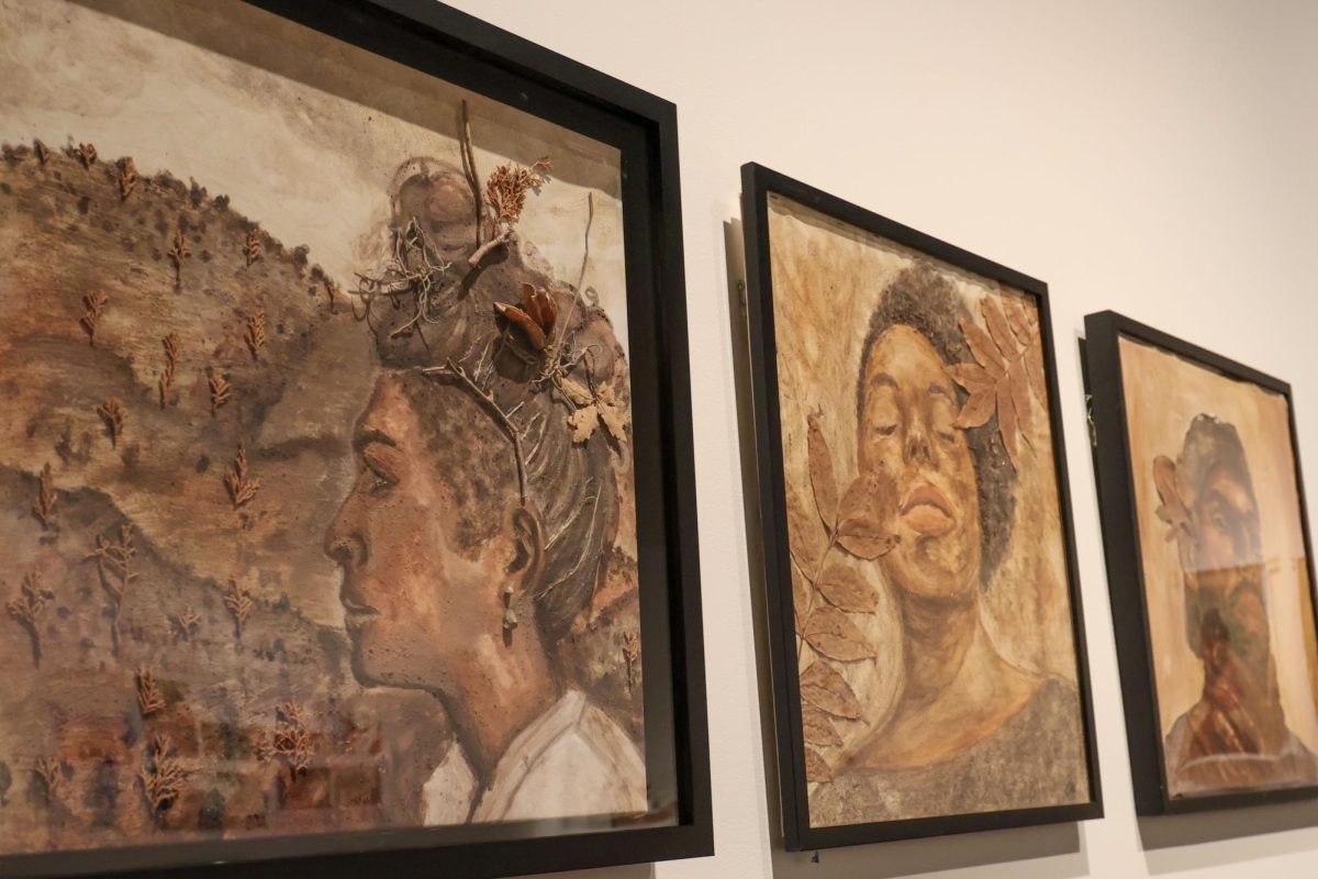 Portraits painted by Claire Alexandre on display during her artist talk at the Gregg Museum of Art & Design on Thursday, Oct. 16, 2025. Alexandre's exhibit is on display until February. Alexandre painted a variety of her portraits from soil turned into paint pigments. 