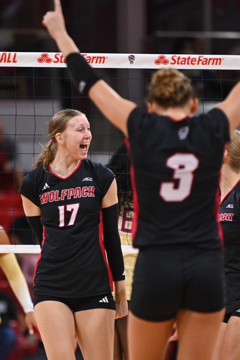 Freshman middle blocker Talia Francom celebrates after scoring point during the game against Florida State at Reynolds Coliseum on Sunday, Oct. 5, 2025. Francom had five kills. NC State beat Florida State 3-2.