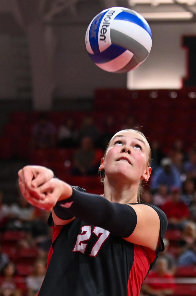 Freshman opposite hitter receives the oncoming spike during the game against Florida State at Reynolds Coliseum on Sunday, Oct. 5, 2025. Ring had 18 kills. NC State beat Florida State 3-2.