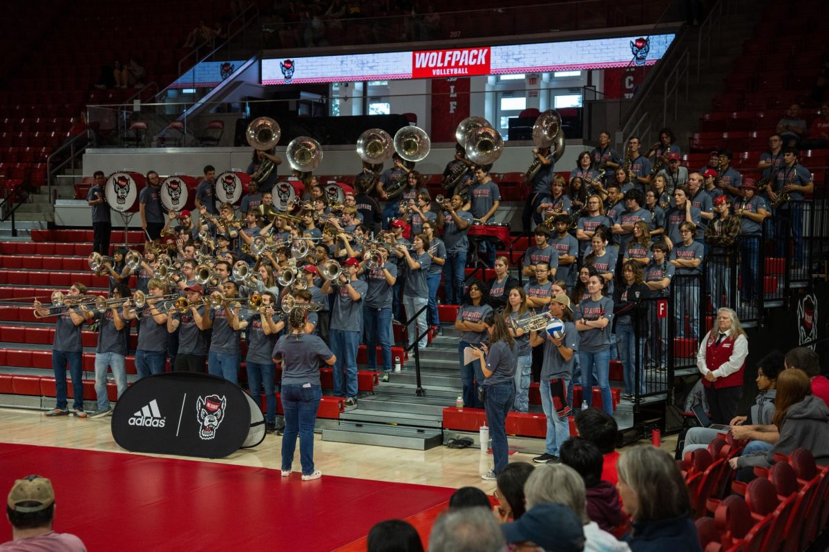 NC State band preforms during the game against Georgia Tech in Reynolds Coliseum on Sunday, Oct. 19, 2025. NC State lost to Georgia Tech 0-3.
