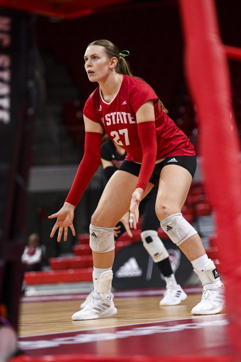 Freshman outside hitter Rebecca Ring on the defence during the match against Wake Forest at Reynolds Coliseum on Saturday, Oct. 11, 2025. NC State beat Wake Forest 3-1.