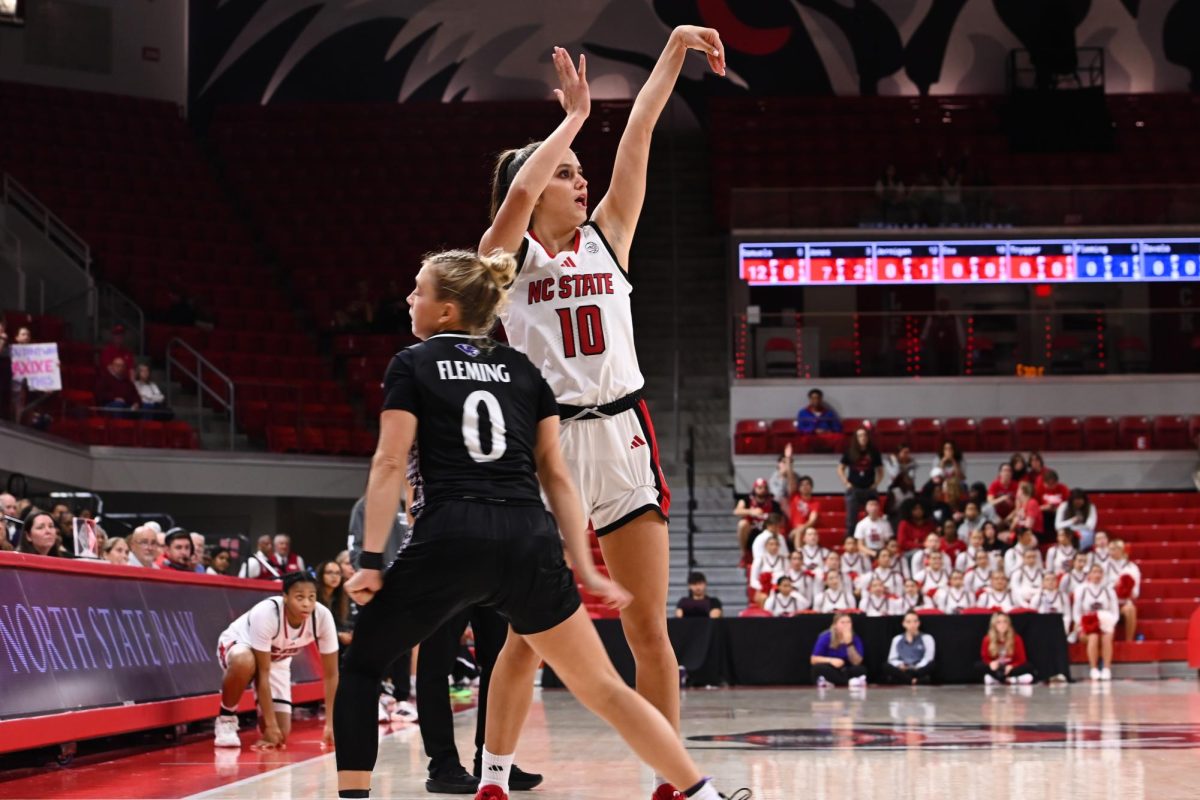 Freshman guard Adelaide Jernigan shoots the ball during the exhibition against High Point on Saturday, Oct. 18, 2025. The Wolfpack beat the Panthers 77-69.