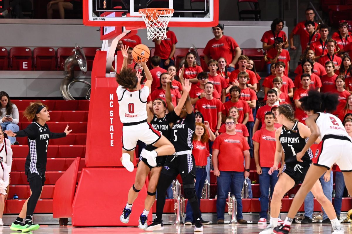 Sophomore guard Devyn Quigley shoots the ball during the exhibition against High Point on Saturday, Oct. 18, 2025. Quigley scored nine points. The Wolfpack beat the Panthers 77-69.