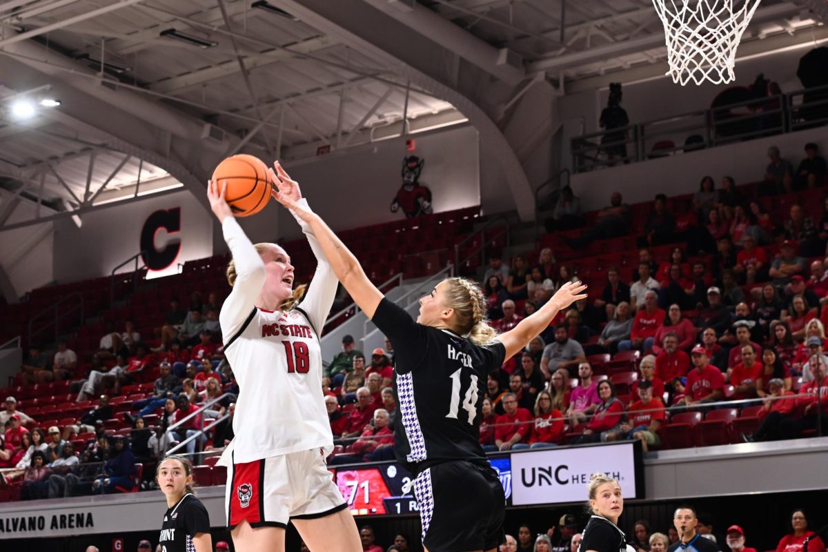 Sophomore forward Tilda Trygger attempts to shoot the ball during the exhibition against High Point on Saturday, Oct. 18, 2025. Trygger made 12 rebounds and scored 15 points. The Wolfpack beat the Panthers 77-69.