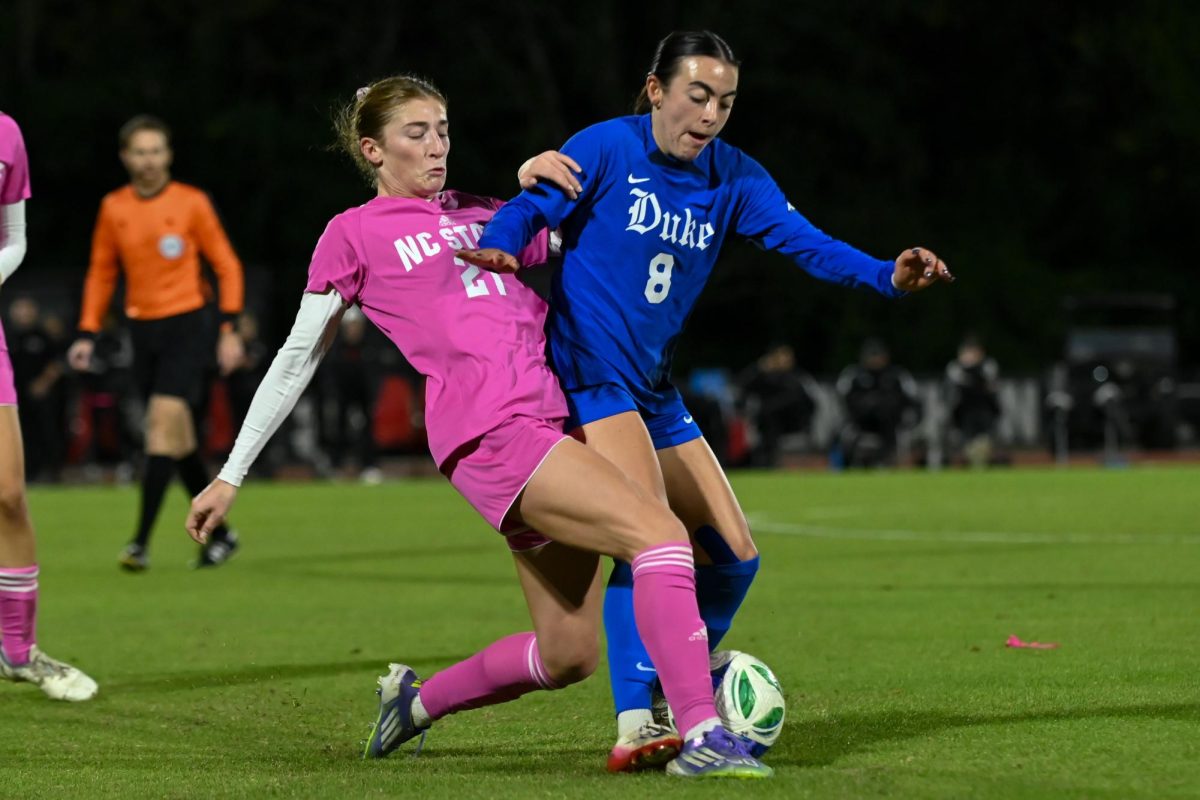 Junior midfielder Mary Frances Symmes fights for the ball during the game against Duke at Dail Soccer Field on Sunday, Oct. 27, 2025. NC State fell to Duke 3-1.