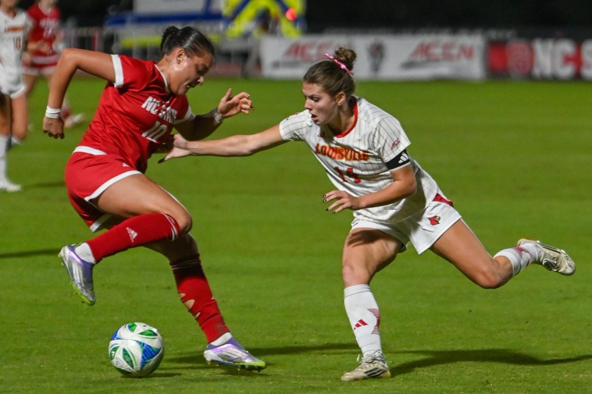 Sophomore forward Antonella Mazziotto defense the ball during the game against Louisville at Dail Soccer Stadium on Thursday, Oct. 23, 2025. The Cardinals defeated the Wolfpack 3-0. 