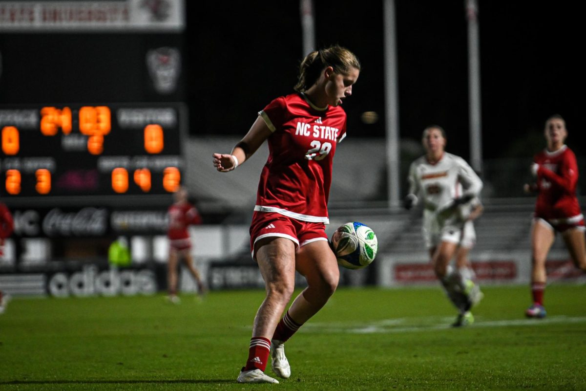 Sophomore midfielder Fien Leijdekker dribbles the ball during the game against Louisville at Dail Soccer Stadium on Thursday, Oct. 23, 2025. The Cardinals defeated the Wolfpack 3-0. 