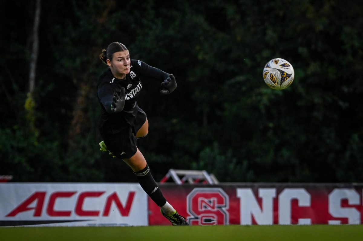 Sophomore goalkeeper Sina Tölzel makes a save before the game against Wake Forest in Dail Soccer Stadium on Thursday, Oct. 2, 2025. The Wolfpack defeated the Demon Deacons 2-1.