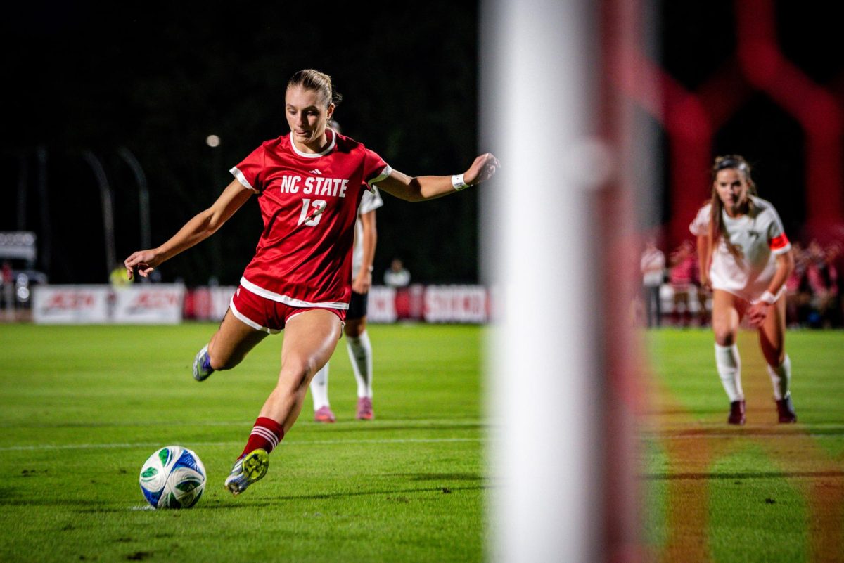 Junior forward Jade Bordeleau takes a penalty kick during the game against Wake Forest in Dail Soccer Stadium on Thursday, Oct. 2, 2025. Bordeleau scored both Wolfpack goals. The Wolfpack defeated the Demon Deacons 2-1.