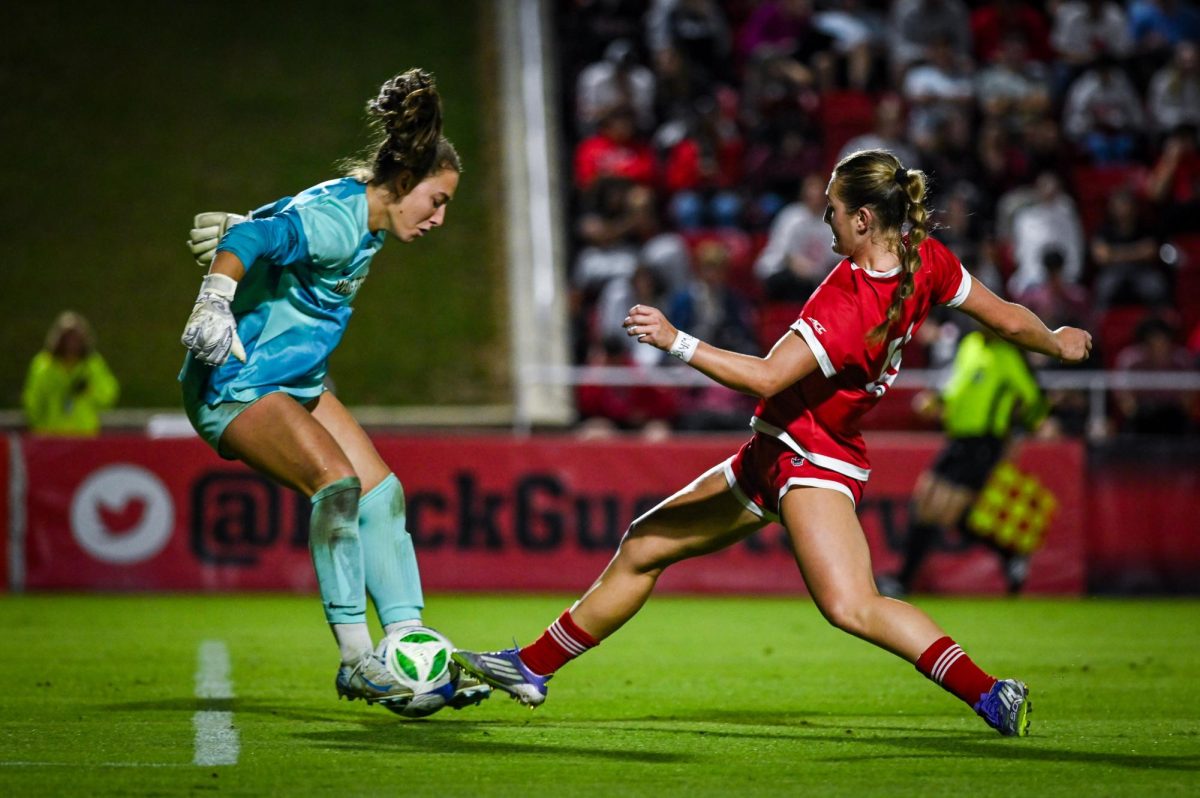 Junior forward Jade Bordeleau stretches out for the ball during the game against Wake Forest in Dail Soccer Stadium on Thursday, Oct. 2, 2025. Bordeleau scored both Wolfpack goals. The Wolfpack defeated the Demon Deacons 2-1.