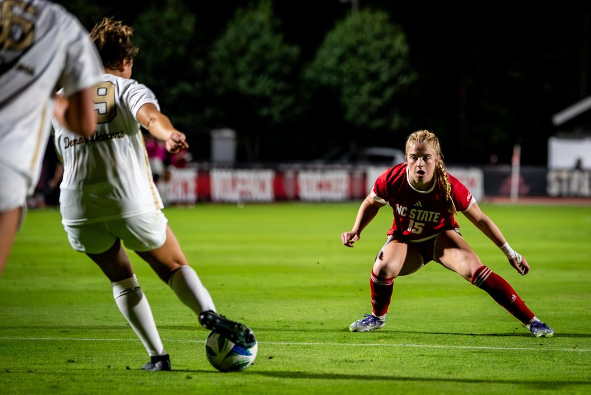 Freshman forward Daisy Duda defends during the game against Wake Forest in Dail Soccer Stadium on Thursday, Oct. 2, 2025. The Wolfpack defeated the Demon Deacons 2-1.