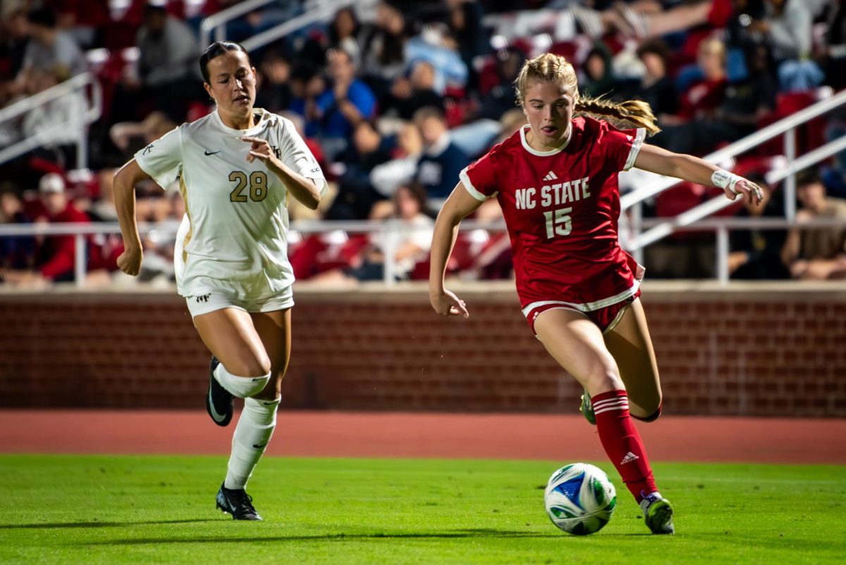 Freshman forward Daisy Duda dribbles the ball during the game against Wake Forest in Dail Soccer Stadium on Thursday, Oct. 2, 2025. The Wolfpack defeated the Demon Deacons 2-1.