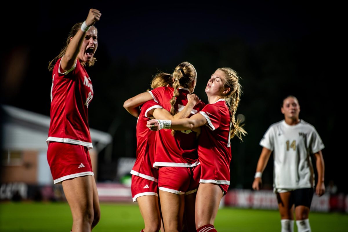 NC State's Women's Soccer team celebrates after a penalty goal during the game against Wake Forest in Dail Soccer Stadium on Thursday, Oct. 2, 2025. The Wolfpack defeated the Demon Deacons 2-1.