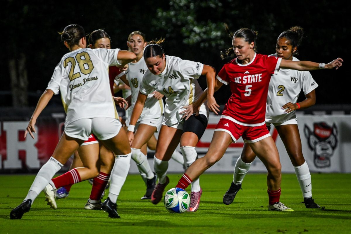 Senior defender Alex Mohr fights for the ball during the game against Wake Forest in Dail Soccer Stadium on Thursday, Oct. 2, 2025. The Wolfpack defeated the Demon Deacons 2-1.
