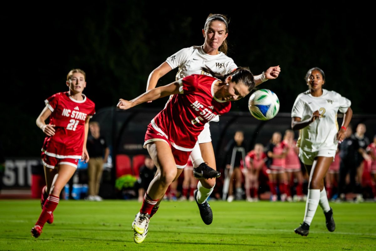 Senior defender Alex Mohr heads the ball during the game against Wake Forest in Dail Soccer Stadium on Thursday, Oct. 2, 2025. The Wolfpack defeated the Demon Deacons 2-1.