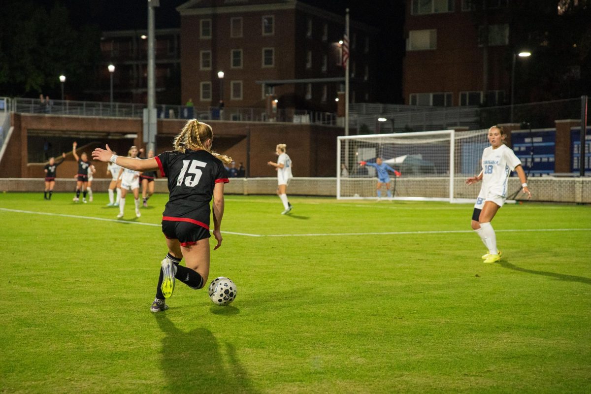 Freshman forward Daisy Duda dribbles the ball during the game against UNC in Dorrance Field on Thursday, Oct. 30, 2025. NC State lost to UNC 1-0.