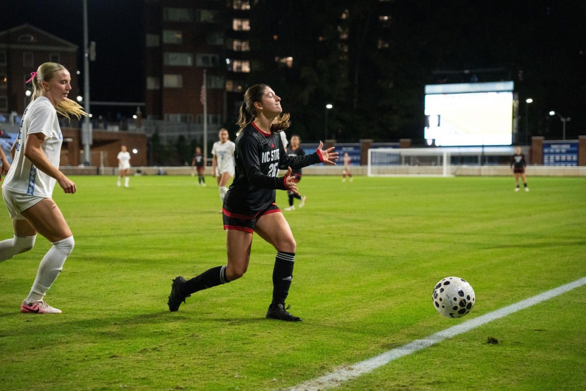 Junior forward Sophia Hernandez watches the ball go out of bounds during the game against UNC in Dorrance Field on Thursday, Oct. 30, 2025. NC State lost to UNC 1-0.