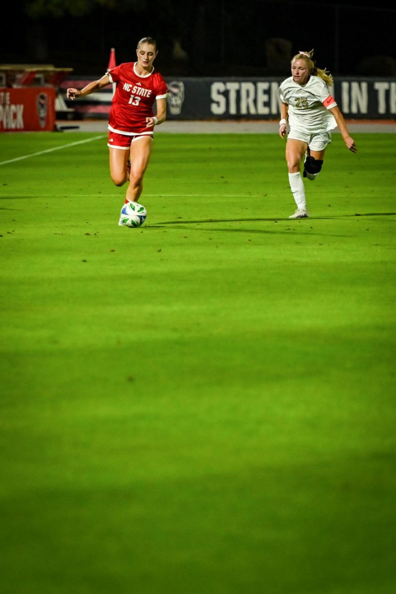 Junior forward Jade Bordeleau dribbles the ball during the game against Wake Forest in Dail Soccer Stadium on Thursday. Oct. 2, 2025. The Wolfpack beat the Demon Deacons 2-1. 