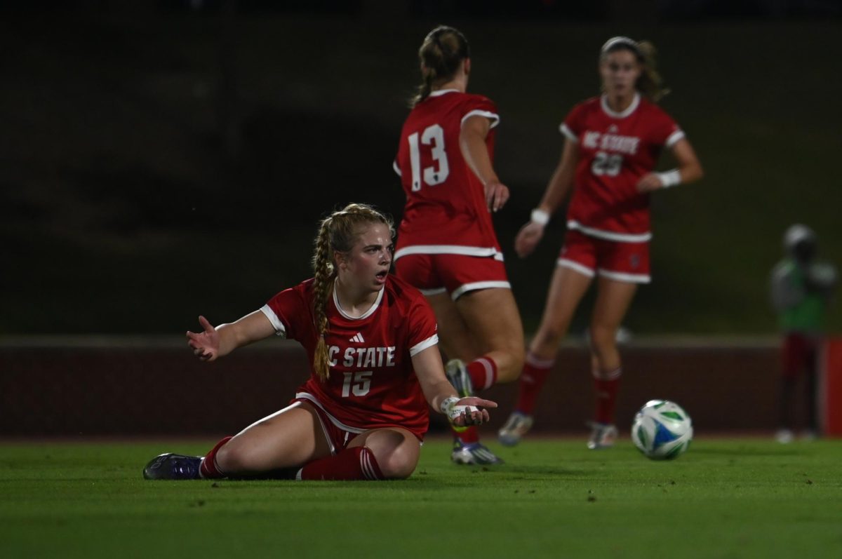 Freshman Forward Daisy Duda raises her hands during the game against Wake Forest in Dail Soccer Stadium on Thursday, Oct. 2, 2025. NC State beat Wake Forest 2-1.