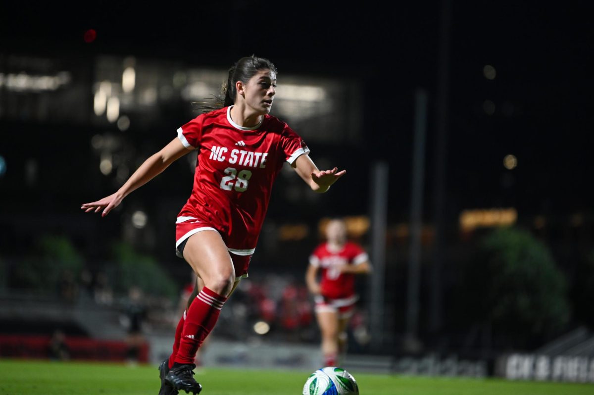 Junior forward Sophia Hernandez prepares to kick the ball during the game against Wake Forest in Dail Soccer Stadium on Thursday, Oct. 2, 2025. NC State beat Wake Forest 2-1.