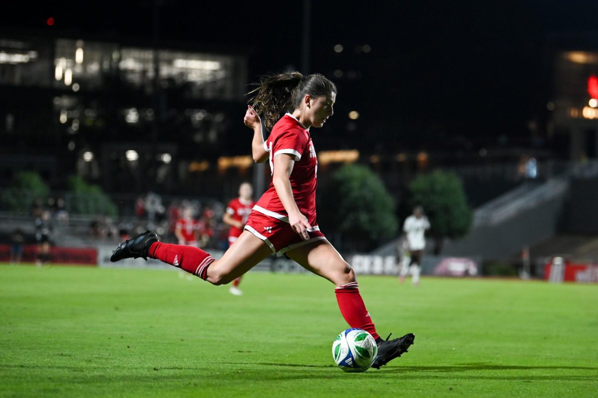 Junior forward Sophia Hernandez kicks the ball during the game against Wake Forest in Dail Soccer Stadium on Thursday, Oct. 2, 2025. NC State beat Wake Forest 2-1. 
