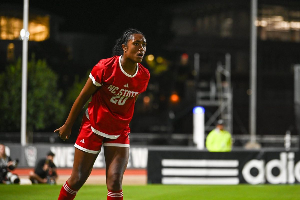 Senior defender Brooklyn Holt hones in on the game against Wake Forest in Dail Soccer Stadium on Thursday, Oct. 2, 2025. NC State beat Wake Forest 2-1. 