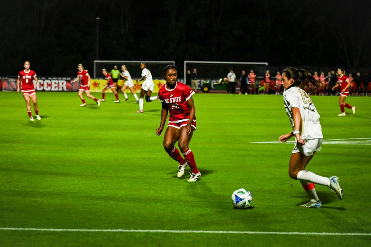 Senior captain defender Brooklyn Holt plays defense during the game against Wake Forest in Dail Soccer Stadium on Thursday. Oct. 2, 2025. The Wolfpack beat the Demon Deacons 2-1. 