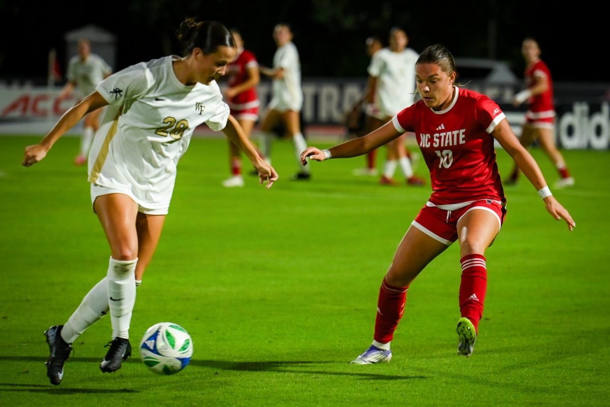 Sophomore Forward Antonella Mazziotto defends during the game against Wake Forest in Dail Soccer Stadium on Thursday. Oct. 2, 2025. The Wolfpack beat the Demon Deacons 2-1. 
