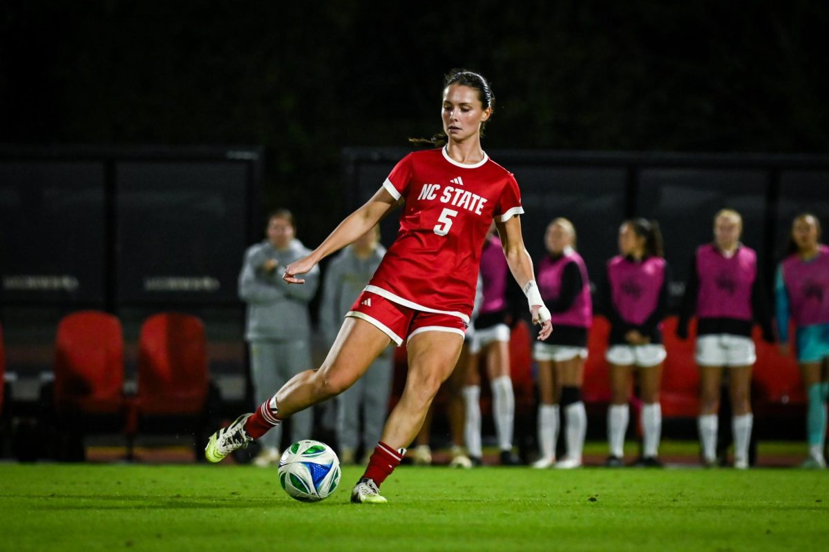 Senior defender Alex Mohr passes the ball during the game against Wake Forest in Dail Soccer Stadium on Thursday. Oct. 2, 2025. The Wolfpack beat the Demon Deacons 2-1. 