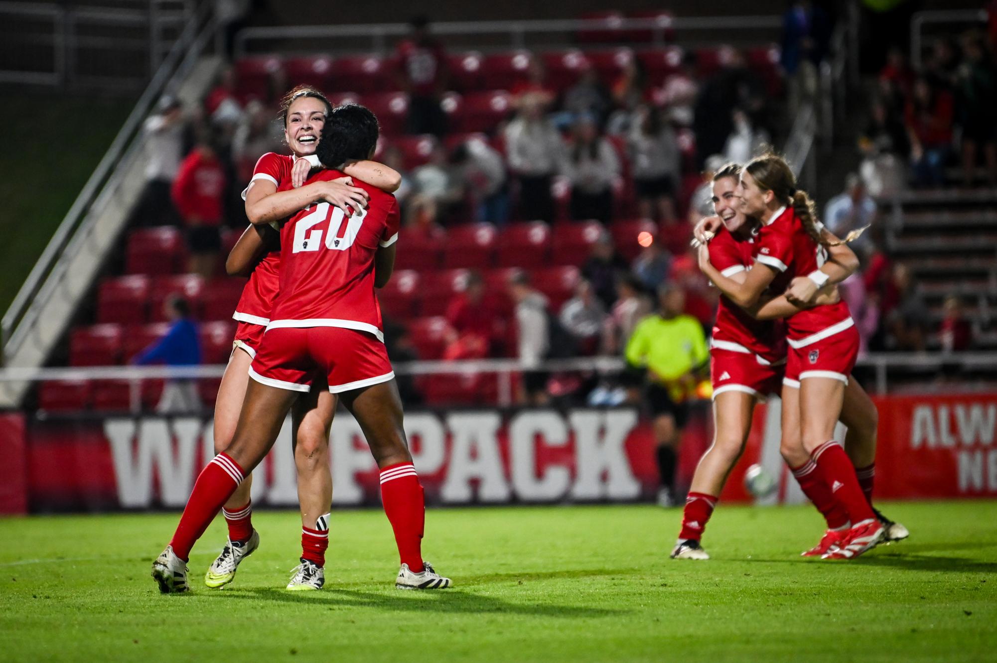 The team celebrates after the game against Wake Forest in Dail Soccer Stadium on Thursday, Oct. 2, 2025. NC State beat Wake Forest 2-1. 