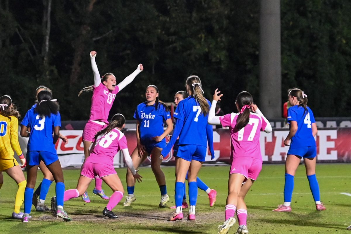 Junior forward Jade Bordeleau and junior forward Sophia Hernandez celebrate the former's goal during the game at Dail Soccer Field on Sunday, Oct. 26, 2025. Sophomore midfielder Mana Nakata assisted on the play. The Blue Devils defeated the Wolfpack 3-1.