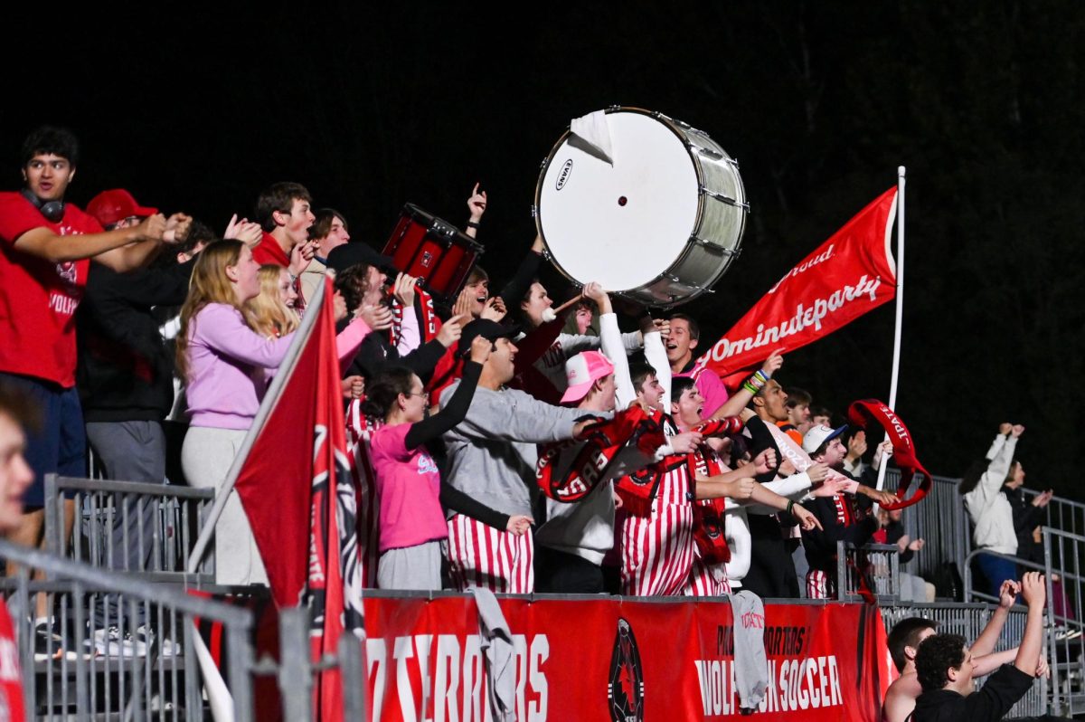 The Red Terrors hoist drums in elation after junior forward Jade Bordeleau's goal during the game at Dail Soccer Field on Sunday, Oct. 26, 2025. The Blue Devils defeated the Wolfpack 3-1.