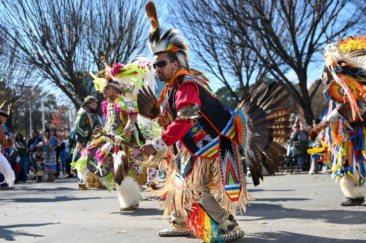 Joe Ledesma, a member of the Waccamaw Siouan tribe, dances in his regalia during the 30th Annual American Indian Heritage Celebration at the North Carolina Museum of Art on Saturday, Nov. 22, 2025. The event had various vendors, performers and presentations. 