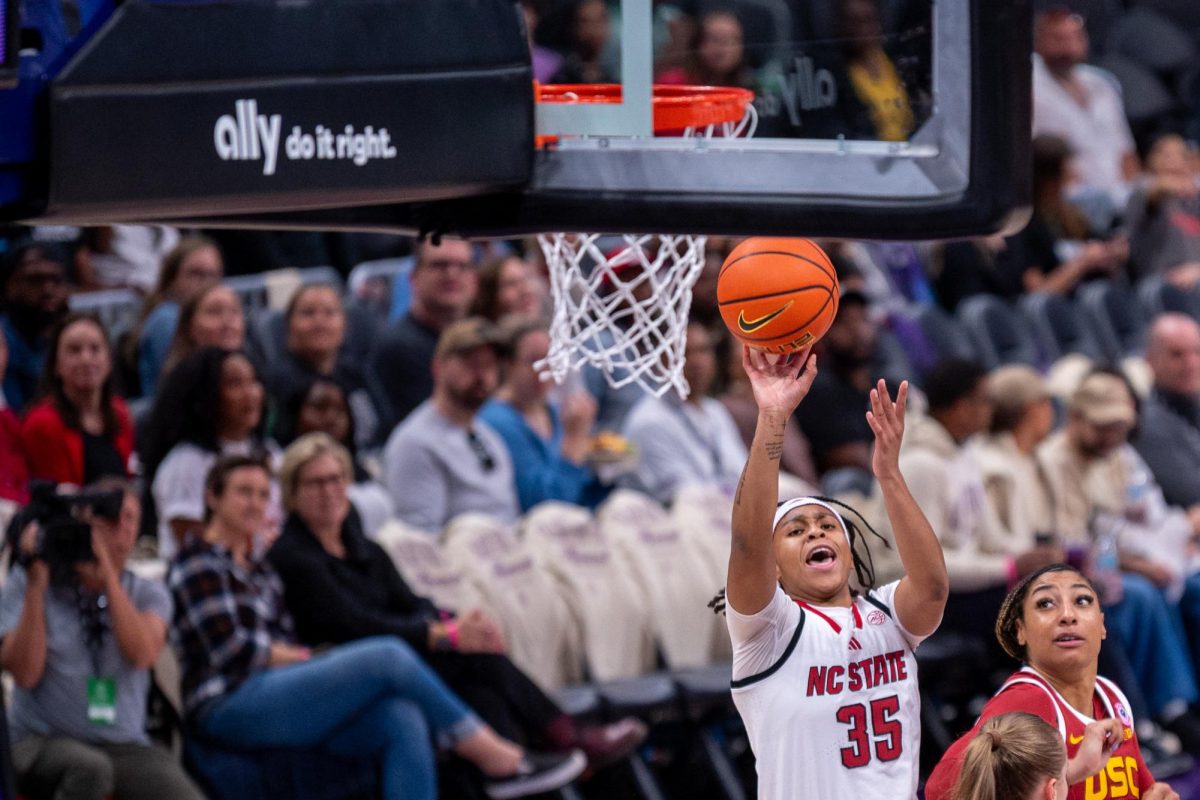 Junior guard Zoe Brooks shoots the ball during the game against USC at the Spectrum Center on Sunday, Nov. 9, 2025. Brooks had 24 points. NC State lost to USC 69-68. 