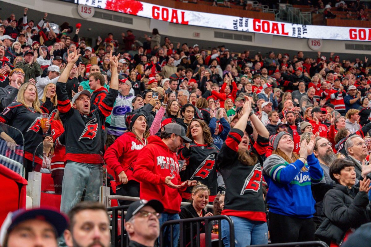 Multiple fans celebrate a Carolina goal during the game against the Washington Capitals at the Lenovo Center on Tuesday, Nov. 11, 2025. The Capitals beat the Canes 4-1.