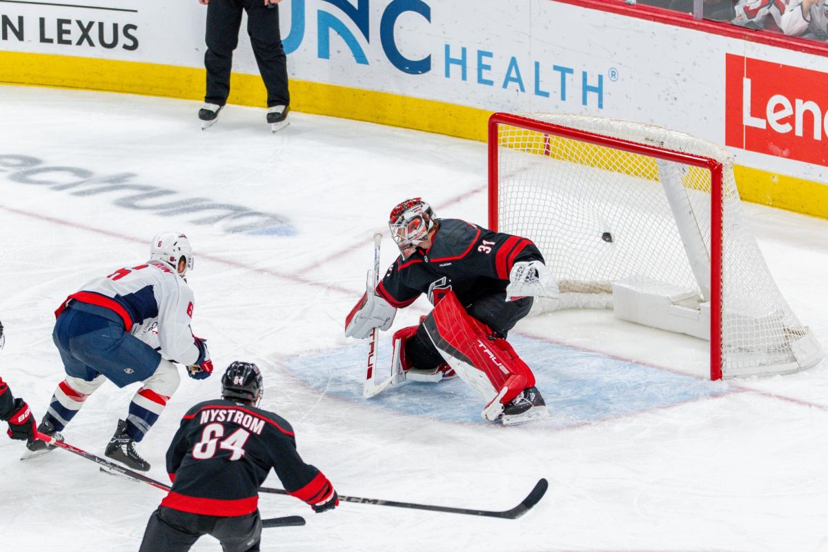 Goaltender Frederik Andersen is scored on during the game against the Washington Capitals at the Lenovo Center on Tuesday, Nov. 11, 2025. The Capitals beat the Canes 4-1.
