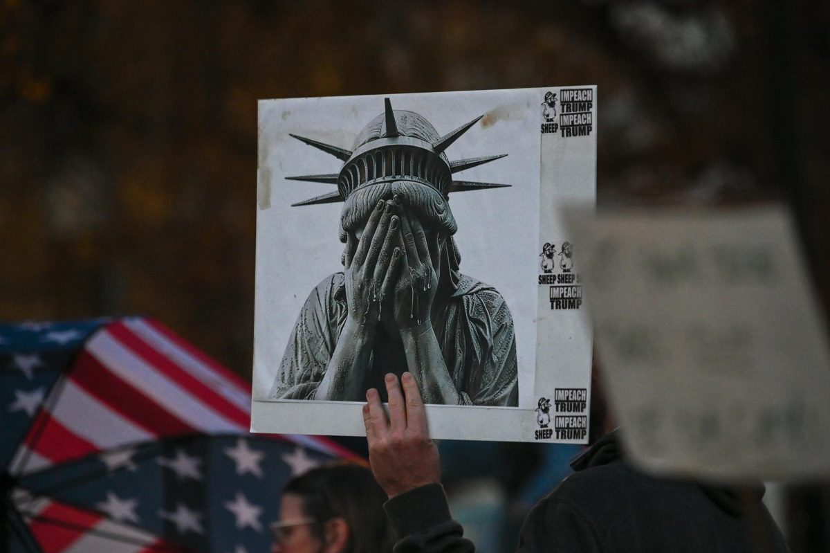 Poster of Statue of Liberty crying being raised during the "No Border Patrol in Raleigh" protest in Downtown Raleigh on Tuesday, Nov. 18, 2025. Hundreds of members and organizations of the Research Triangle community gathered to protest the ICE raids.