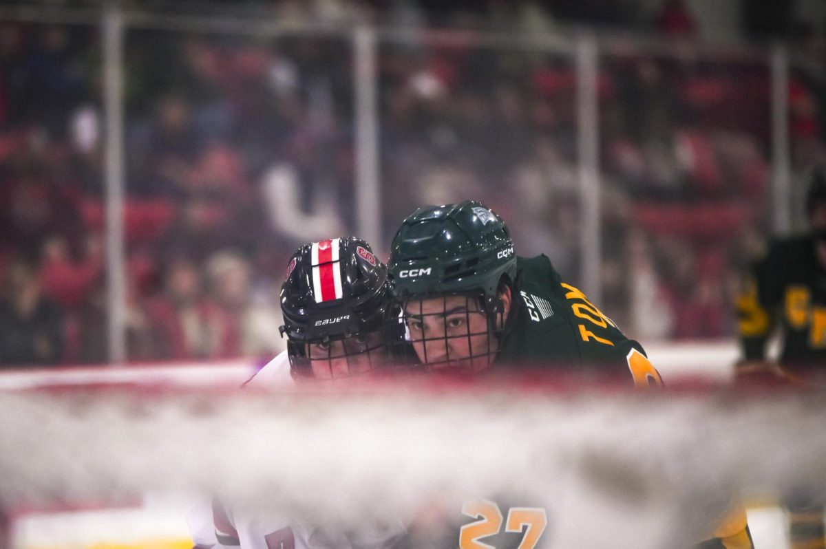 Freshman forward Ben Paterson focuses on the goal during the game against George Mason at Invisalign Arena on Friday, Nov. 21, 2025. NC State lost to George Mason 3-1.