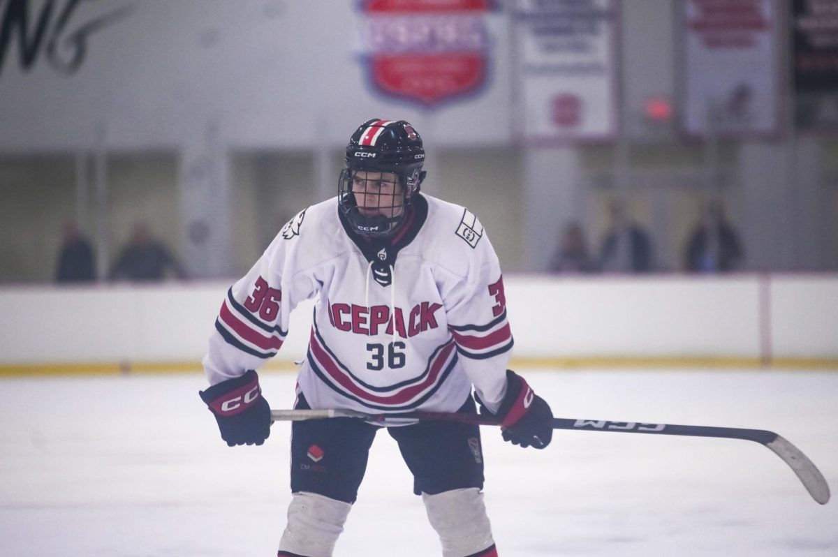 Sophomore forward Erik Dahlin waits for the puck during the game against George Mason at Invisalign Arena on Friday, Nov. 21, 2025. Dahlin has played in 17 games this season. NC State lost to George Mason 3-1.