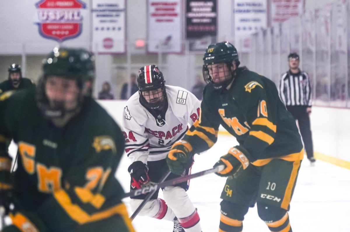 Sophomore forward Jake Lipani watches the puck during the game against George Mason at Invisalign Arena on Friday, Nov. 21, 2025. Lipani has played in 17 games this season. NC State lost to George Mason 3-1.