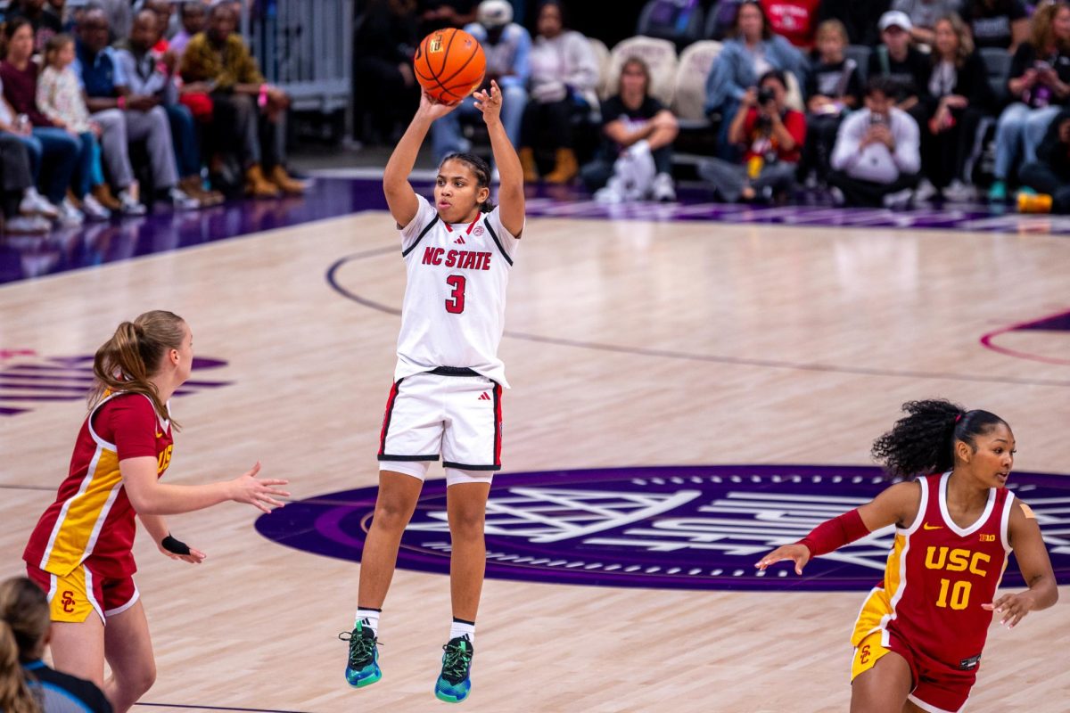 Sophomore guard Zamareya Jones shoots the ball during the game against USC at the Spectrum Center on Sunday, Nov. 9, 2025. Jones had eight points. The Wolfpack fell to the Trojans 69-68. 