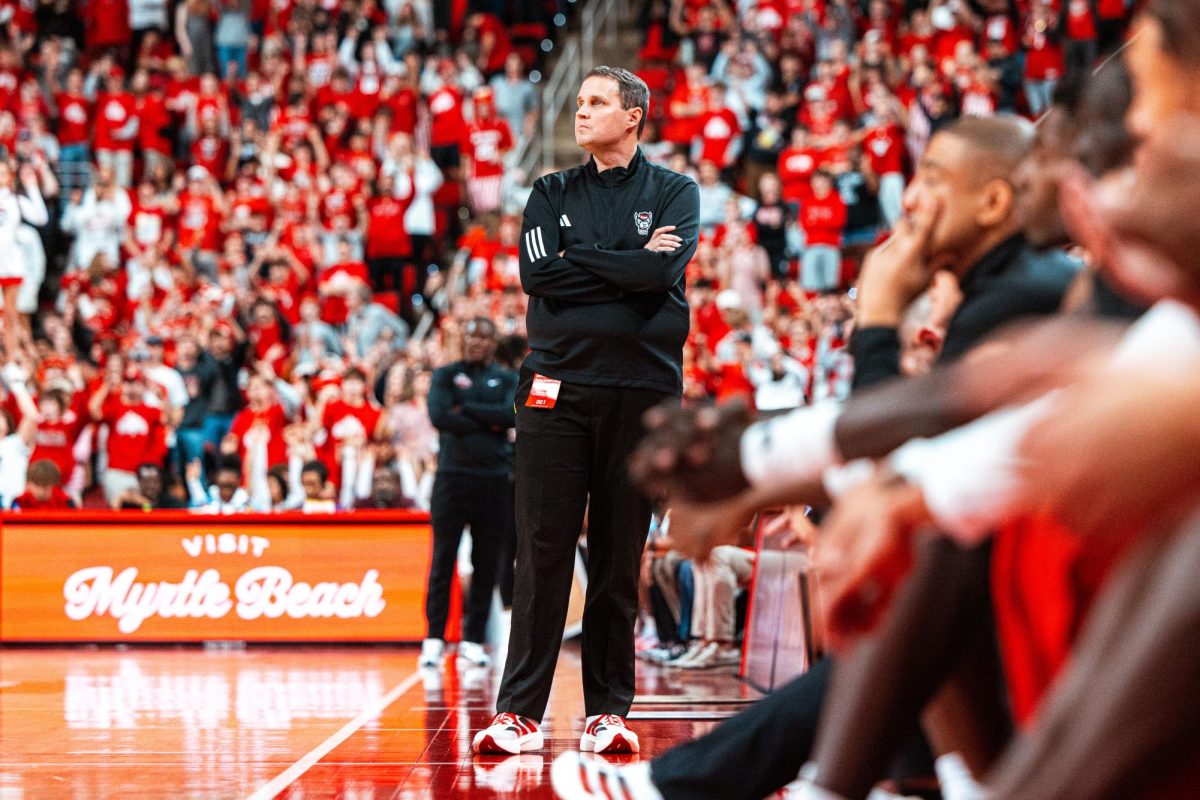 Head coach Will Wade looks onto the court during the game against North Carolina Central in the Lenovo Center on Monday, Nov. 3, 2025. The Wolfpack defeated the Eagles 114-66.