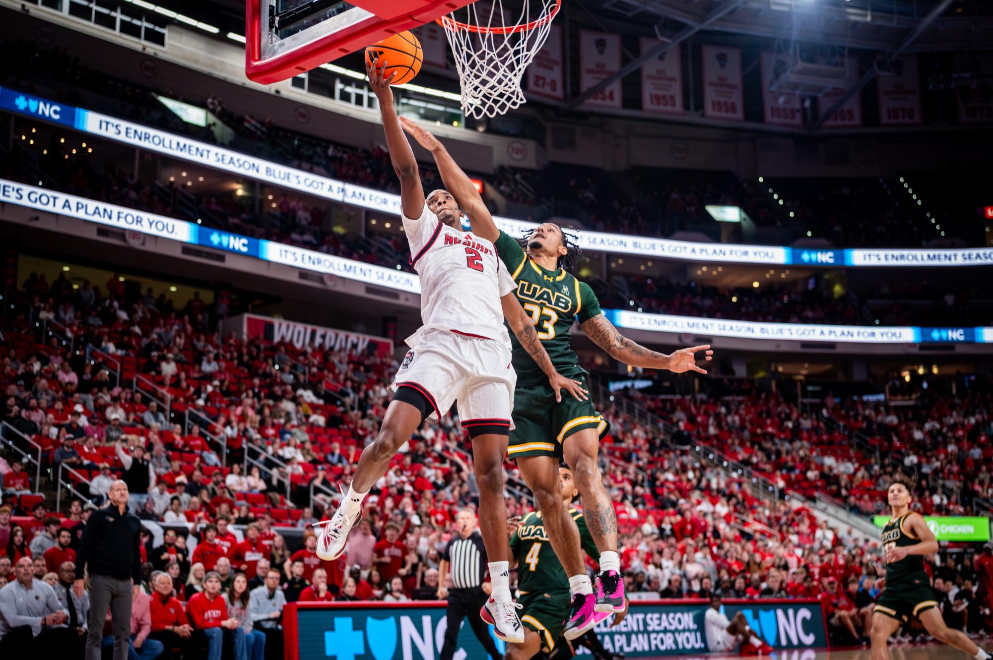 Sophomore guard Paul McNeil attempts a layup during the game against UAB in the Lenovo Center on Friday, Nov. 7, 2025. McNeil tied for the team lead with 18 points. The Wolfpack defeated the Blazers 94-70.